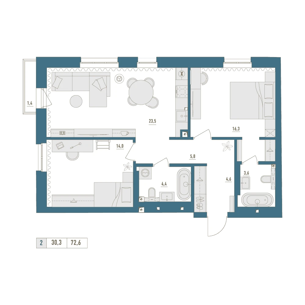 2 комнатная квартира 72.6кв.м.
