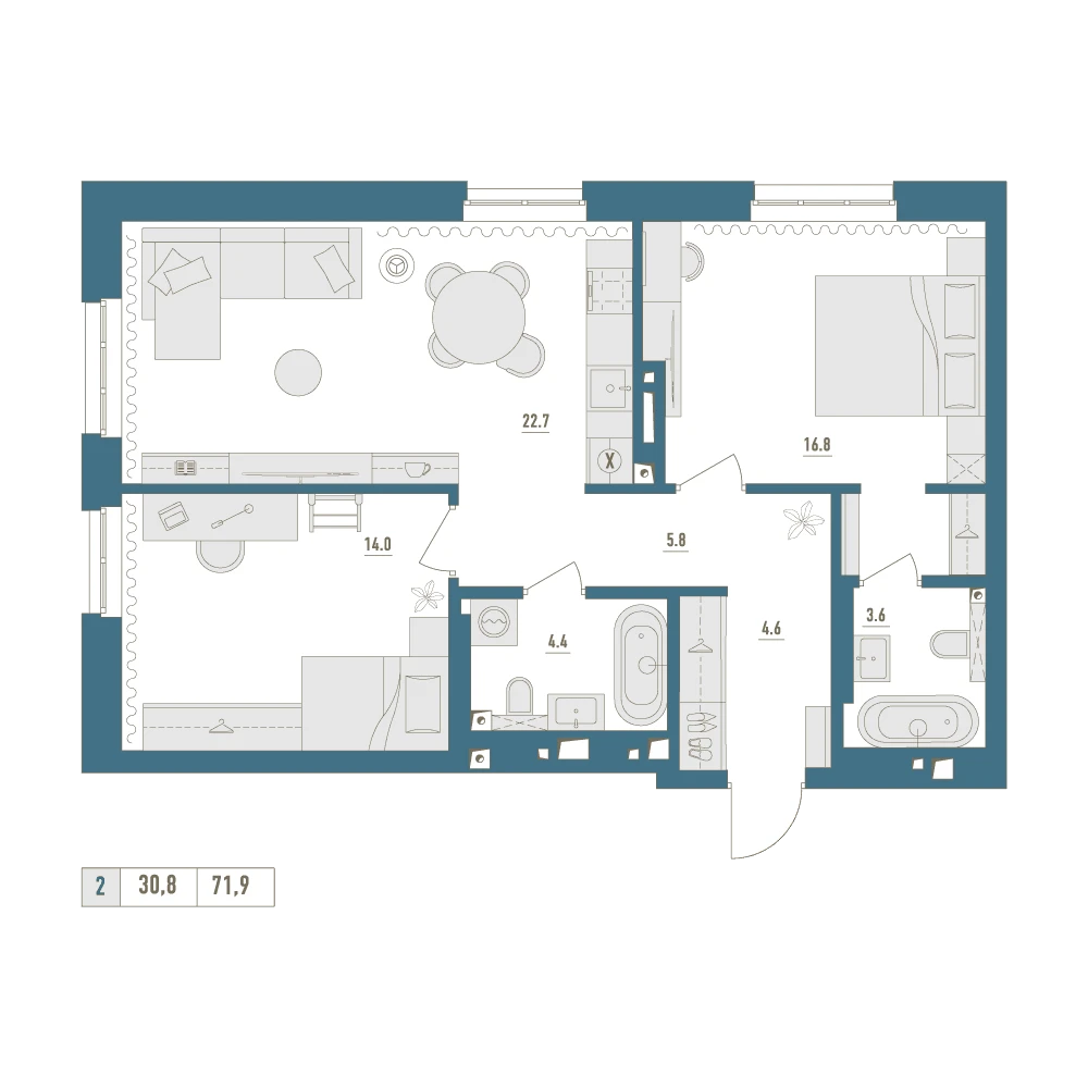 2 комнатная квартира 71.9кв.м.