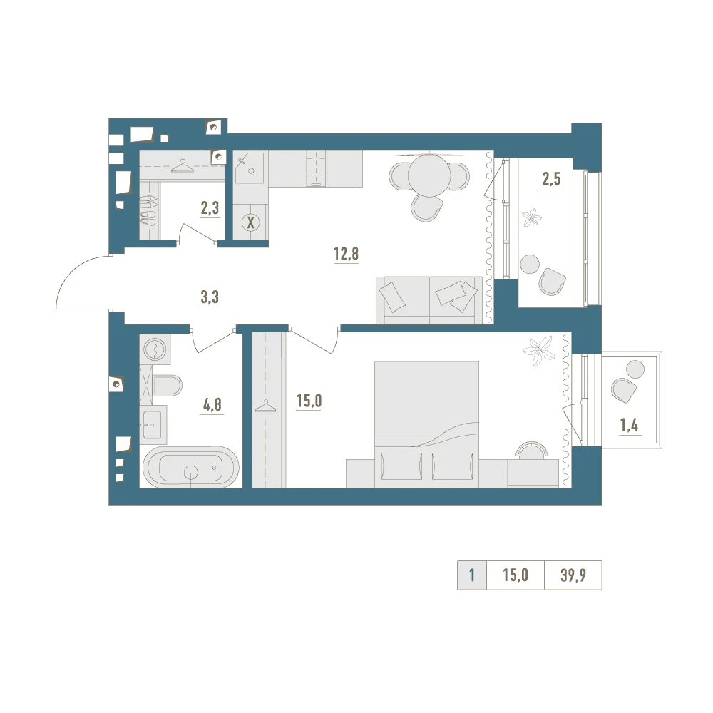 1 комнатная квартира 39.9кв.м.