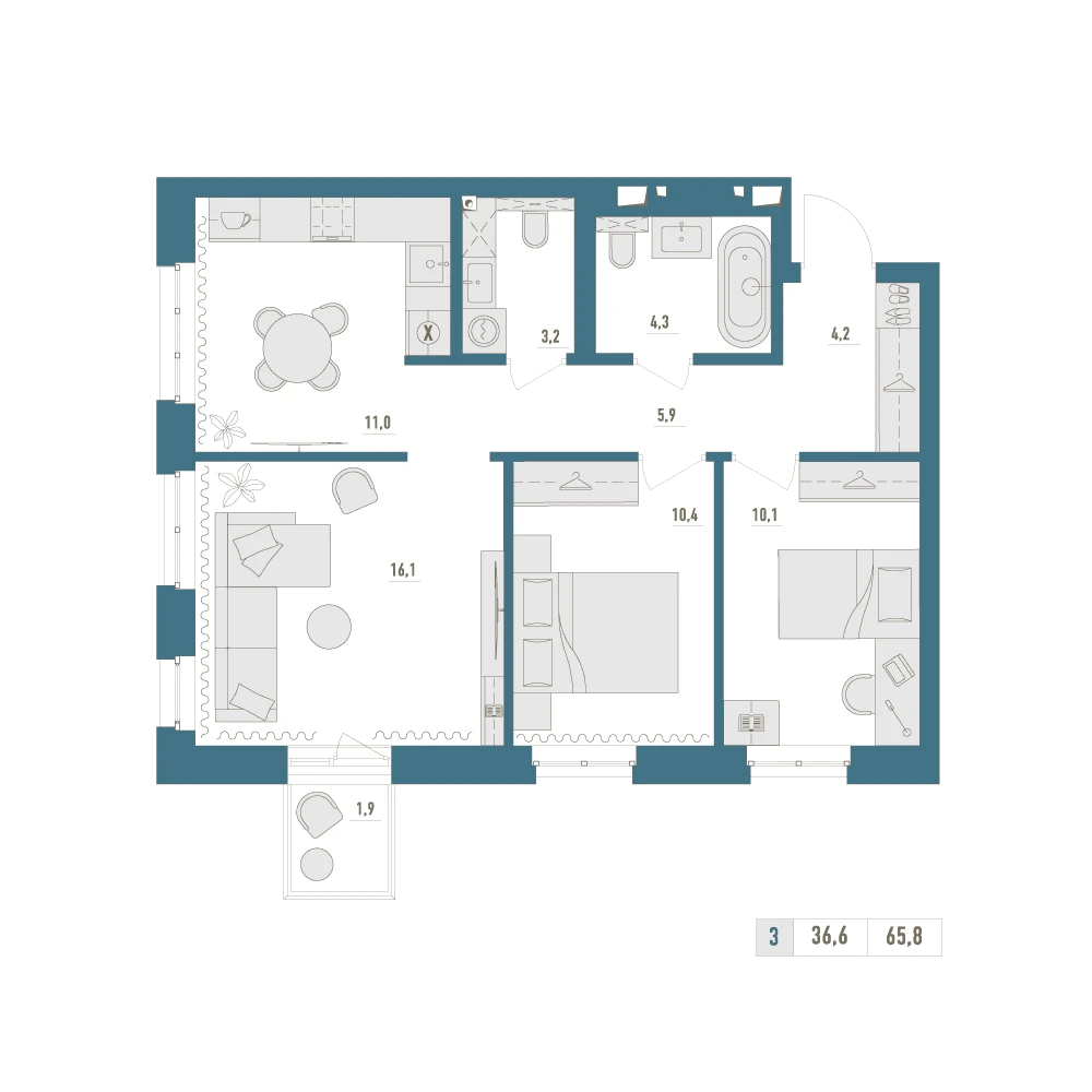 3 комнатная квартира 65.8кв.м.