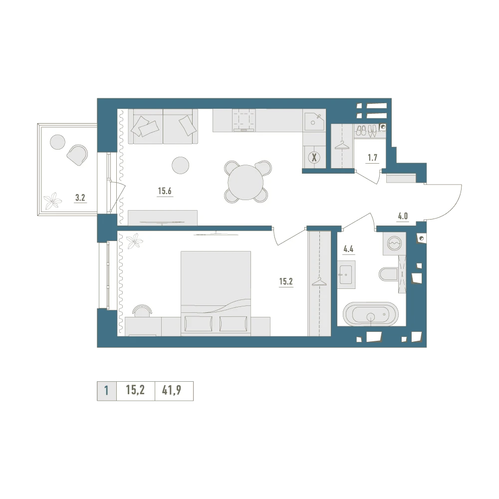 1 комнатная квартира 41.9кв.м.
