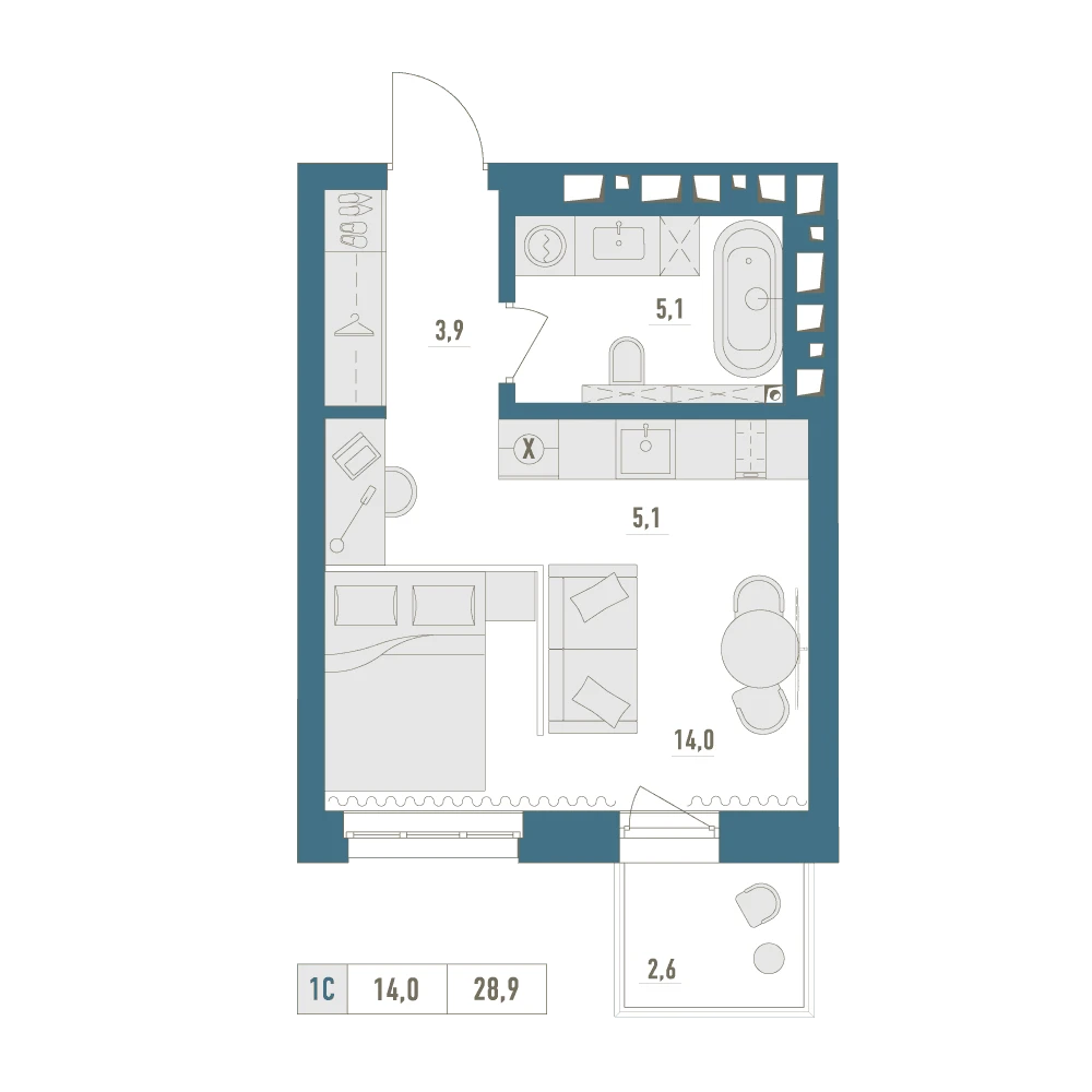 1 комнатная квартира 28.9кв.м.