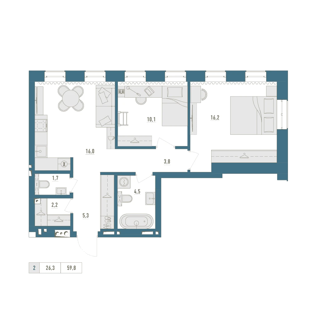 2 комнатная квартира 59.8кв.м.
