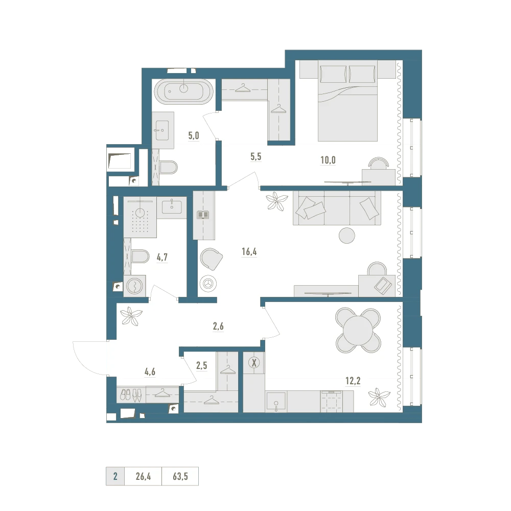 2 комнатная квартира 63.5кв.м.