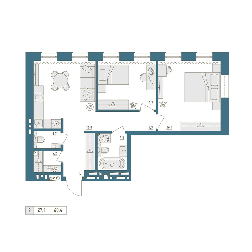 2 комнатная квартира 60.4кв.м.