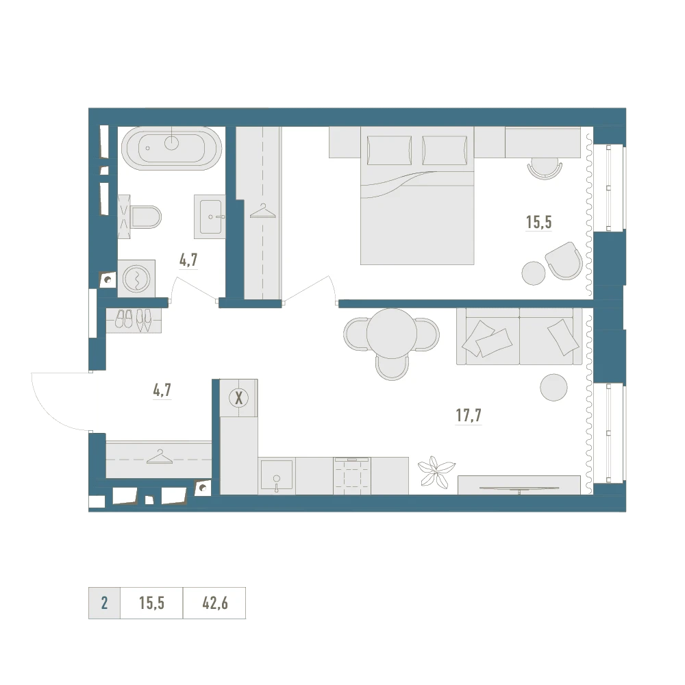 1 комнатная квартира 42.6кв.м.