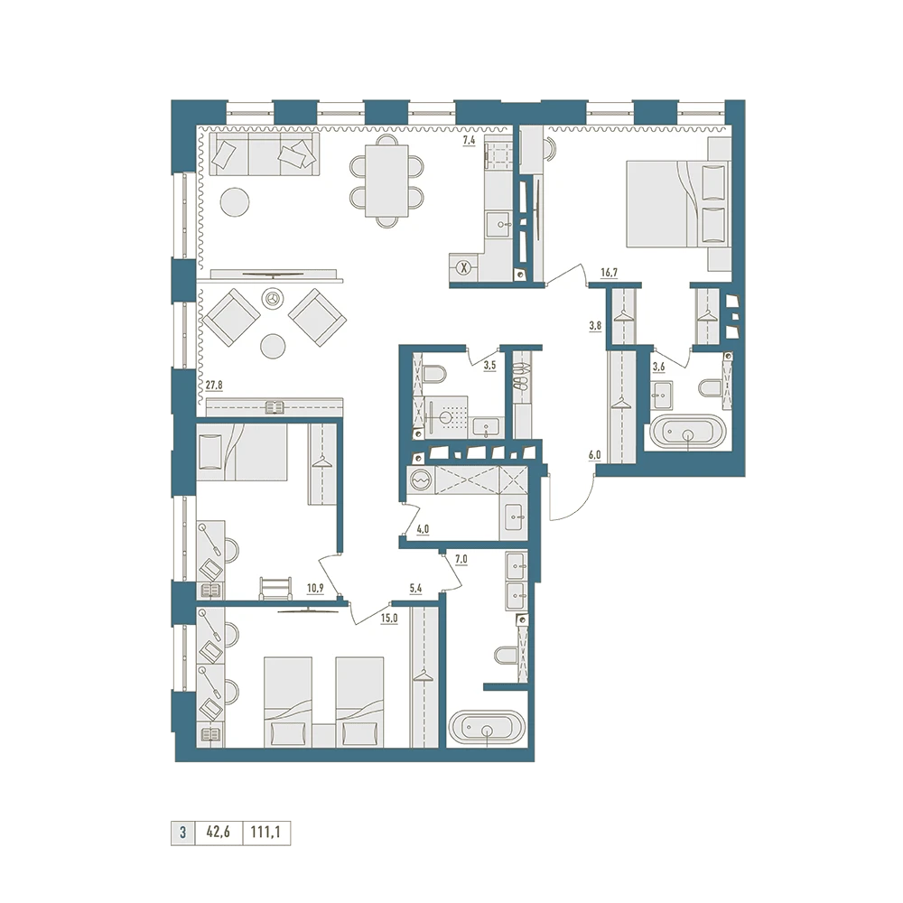 3 комнатная квартира 111.1кв.м.
