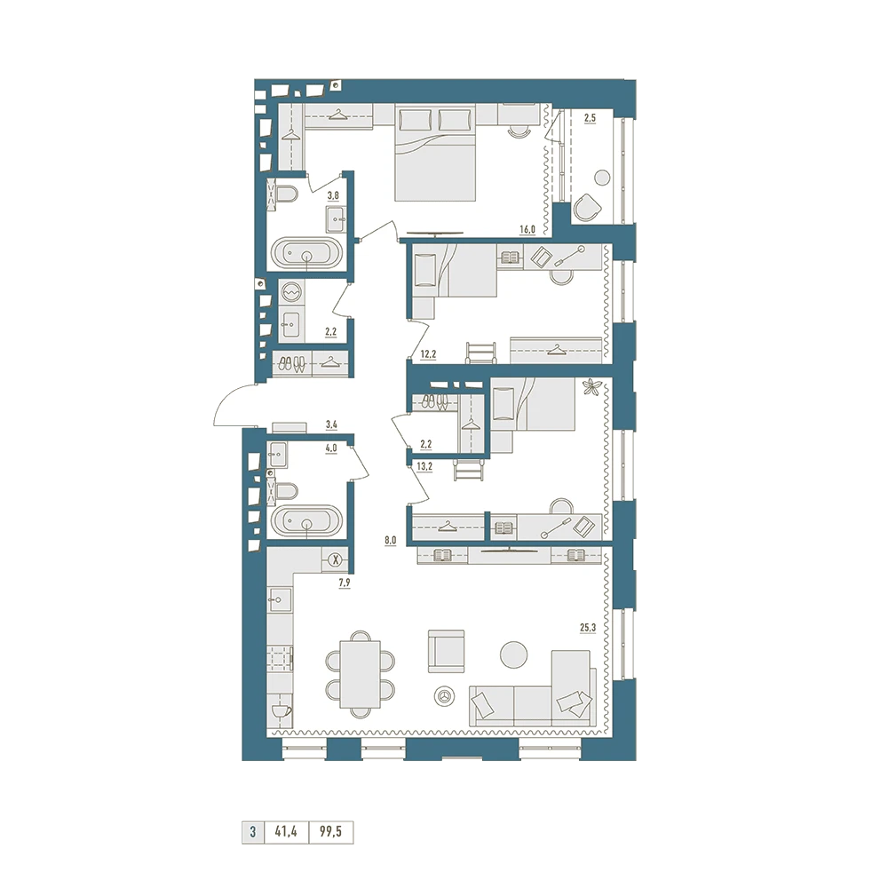 3 комнатная квартира 99.5кв.м.