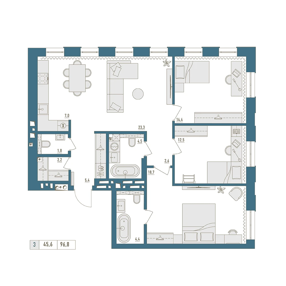 3 комнатная квартира 96.8кв.м.