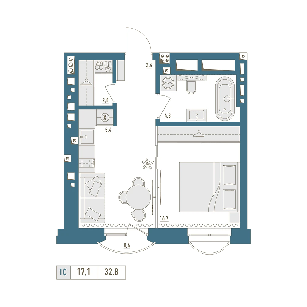 1 комнатная квартира 32.8кв.м.