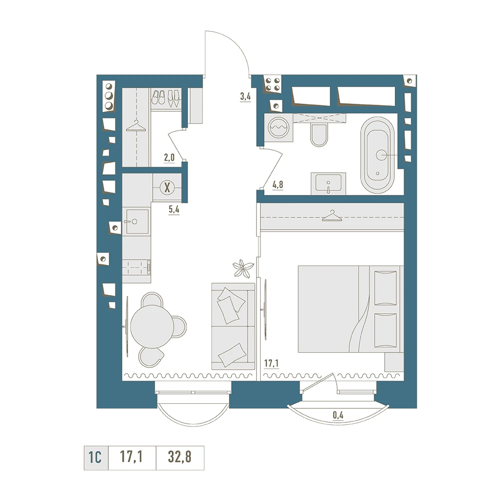 1 комнатная квартира 32.8кв.м.