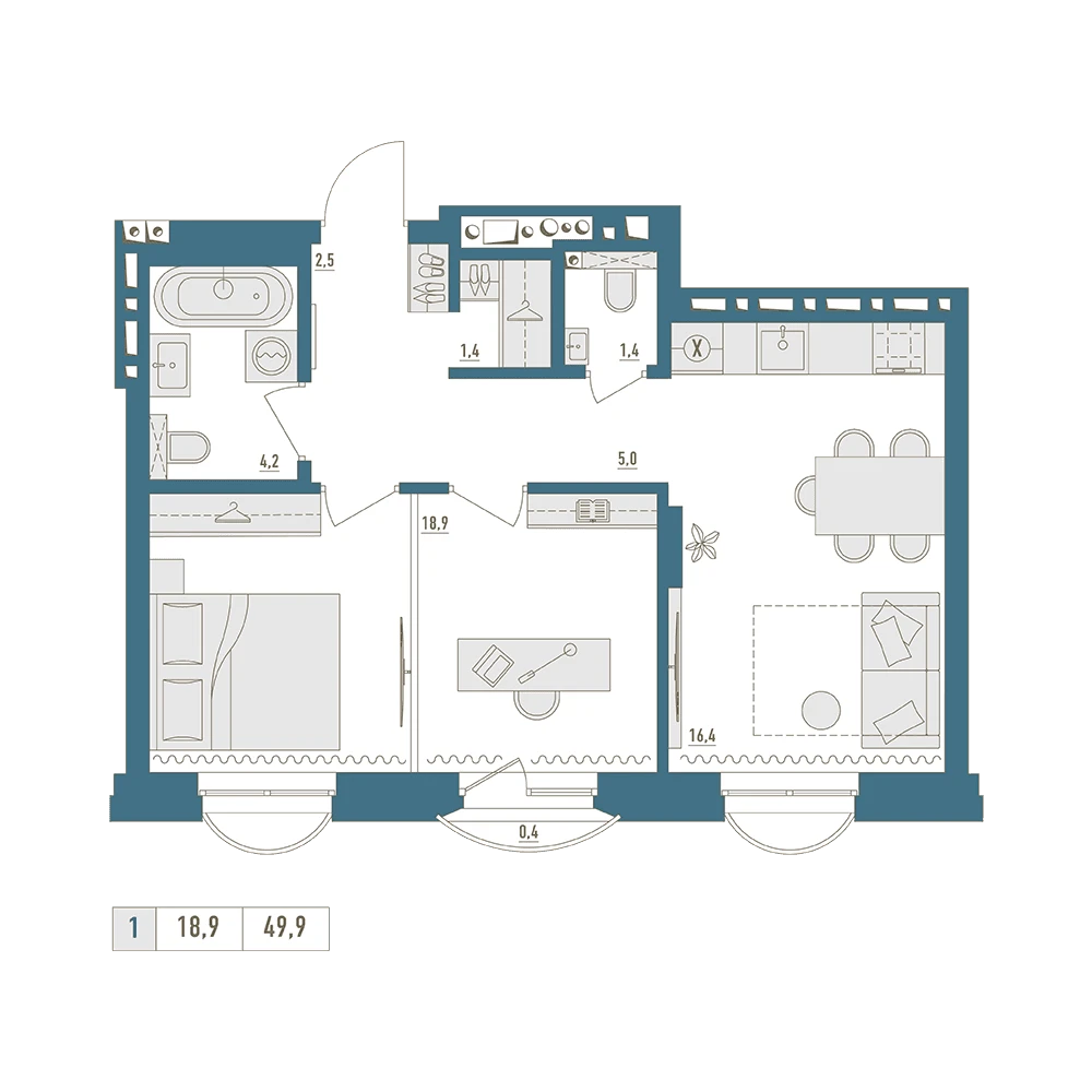 1 комнатная квартира 49.9кв.м.