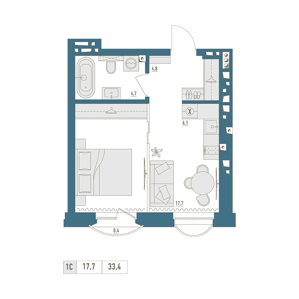 1 комнатная квартира 33.4кв.м.