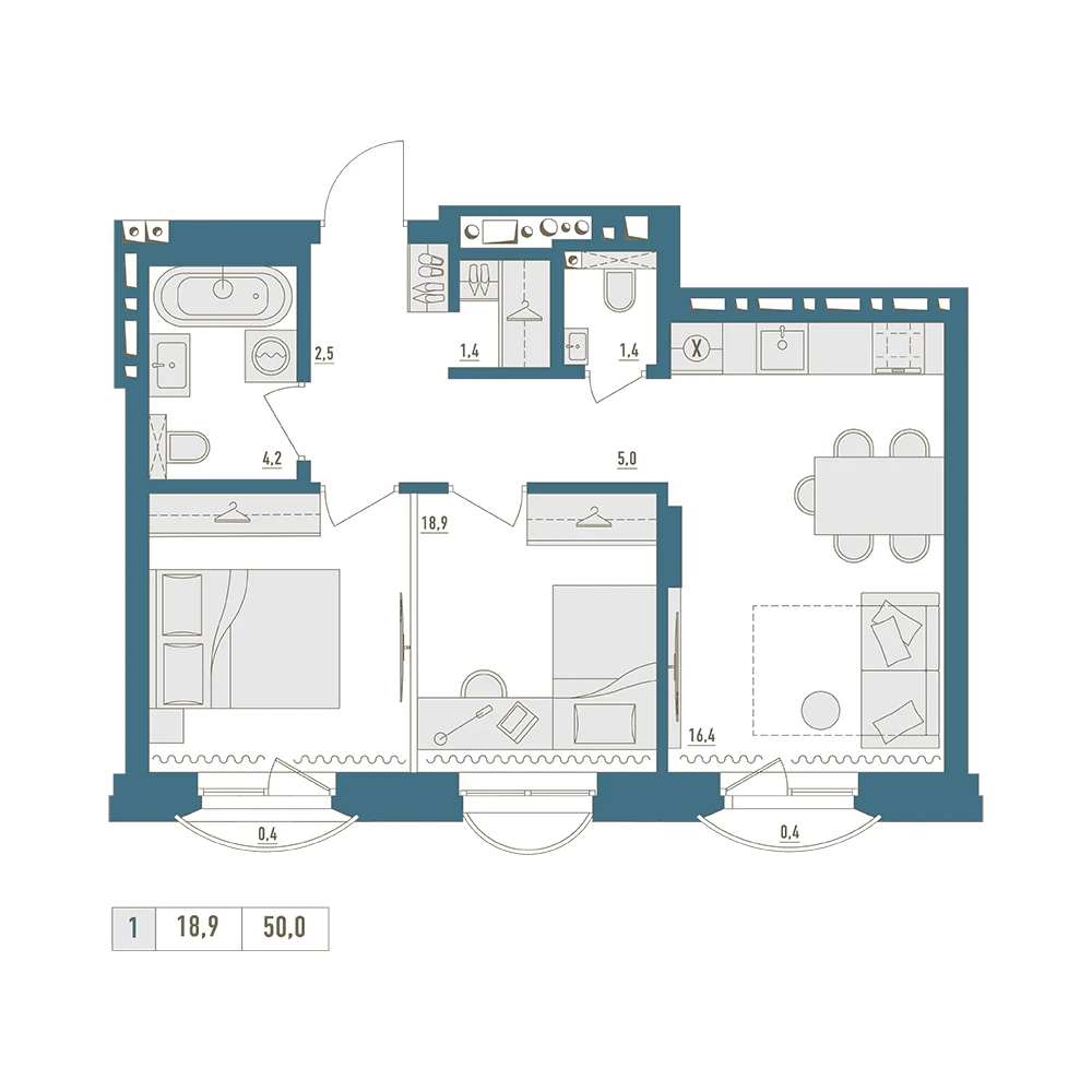 1 комнатная квартира 50кв.м.