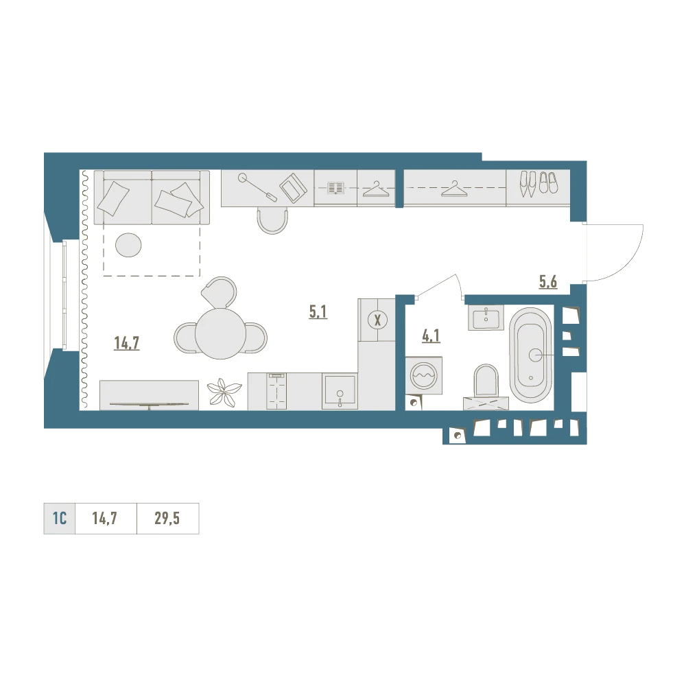 1 комнатная квартира 29.5кв.м.