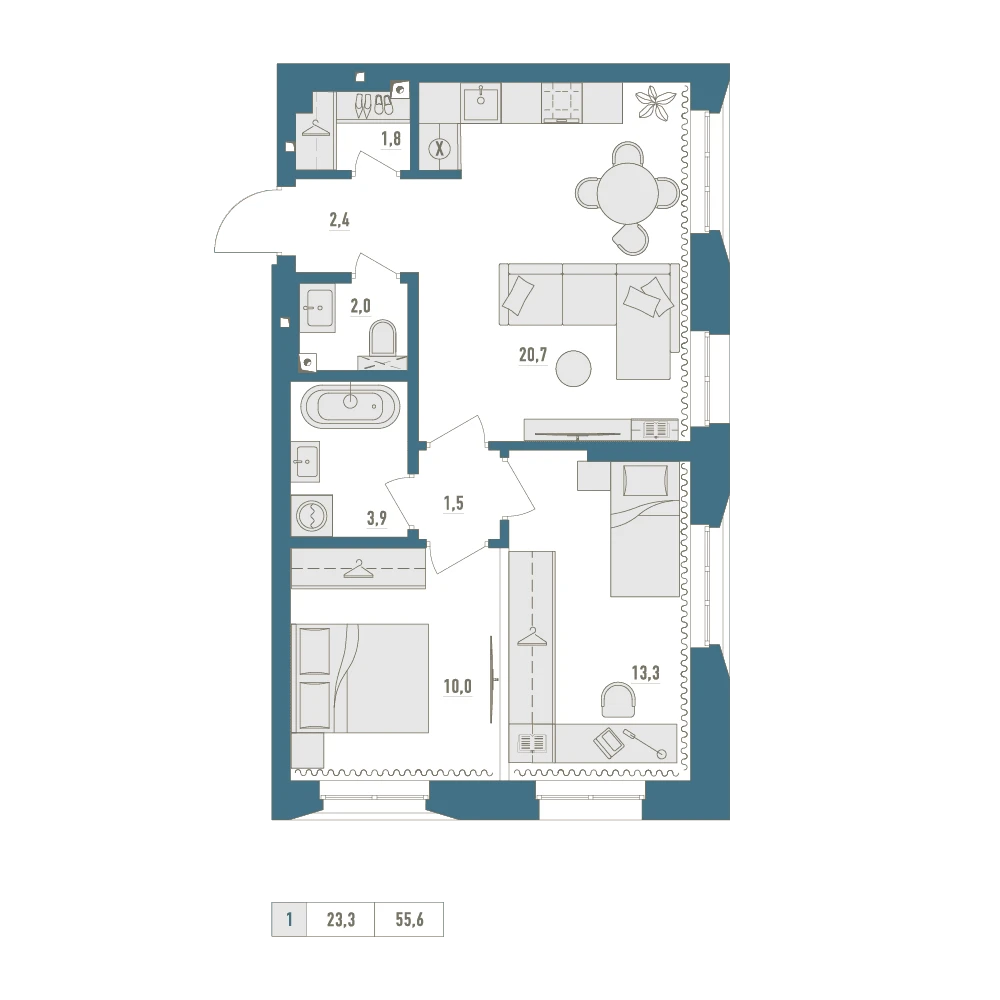 1 комнатная квартира 55.6кв.м.