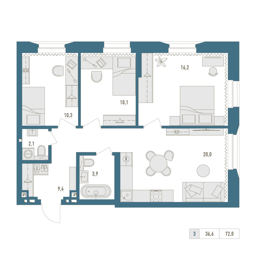 3 комнатная квартира 72кв.м.