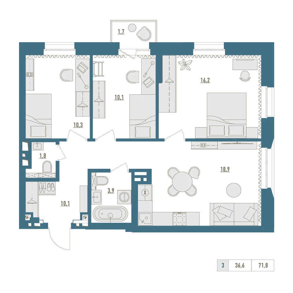 3 комнатная квартира 71.8кв.м.