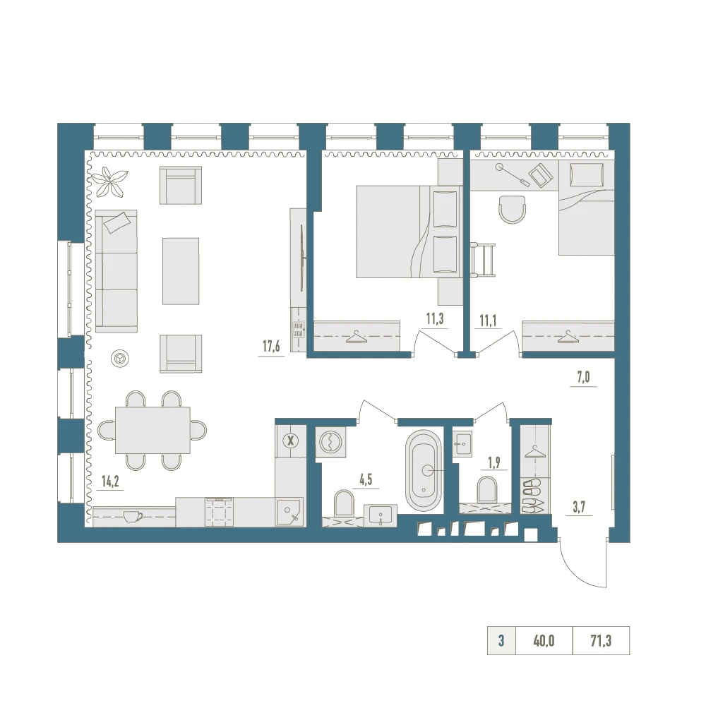 3 комнатная квартира 70.7кв.м.