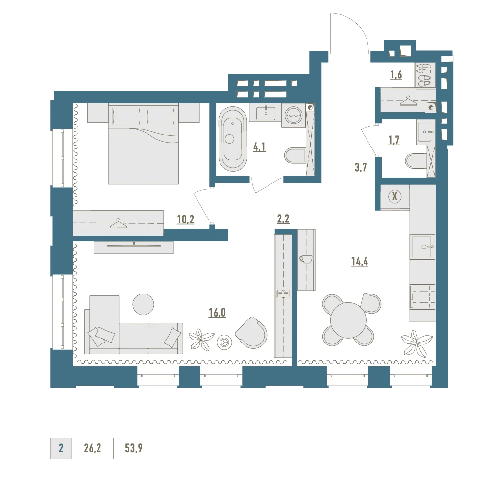 2 комнатная квартира 53.9кв.м.