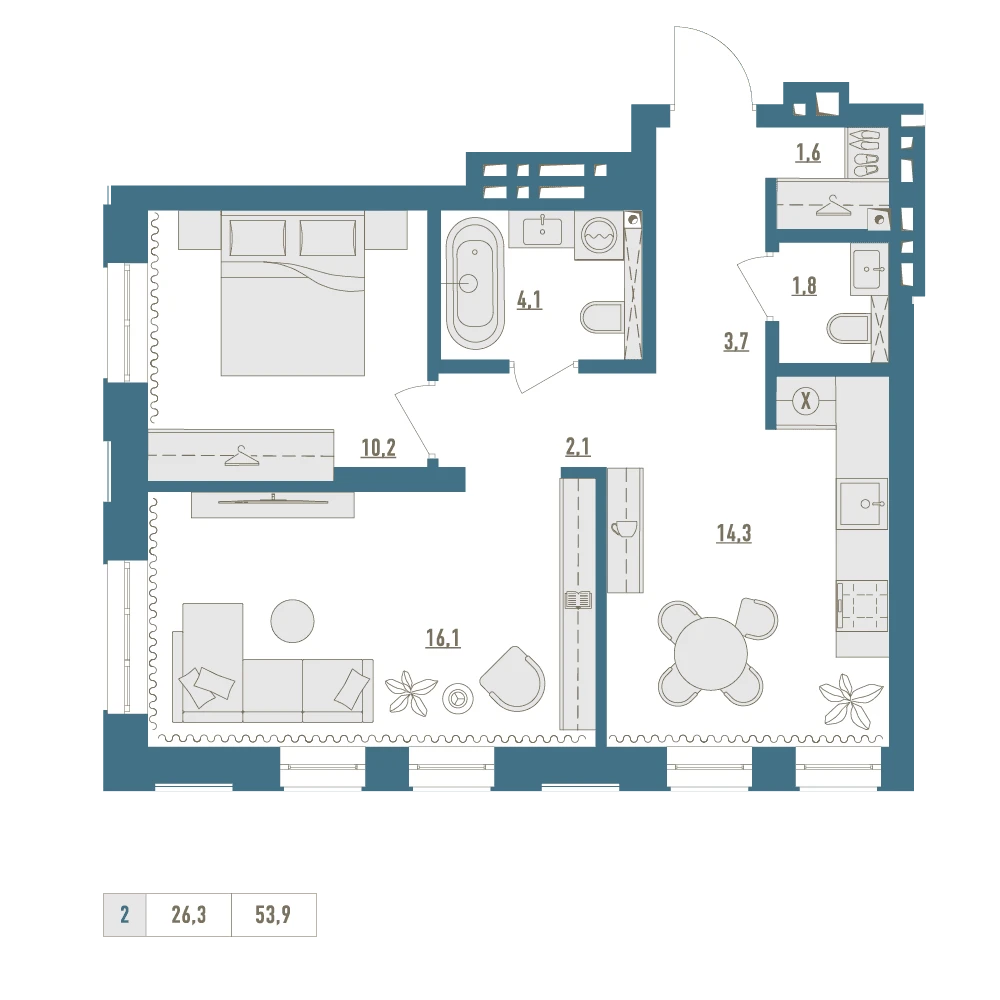 2 комнатная квартира 53.9кв.м.
