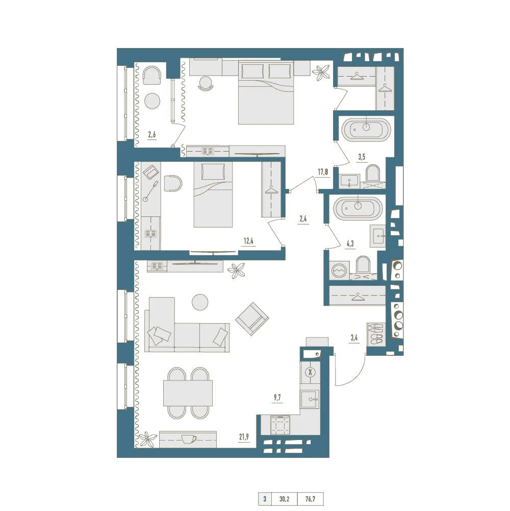 2 комнатная квартира 76.7кв.м.