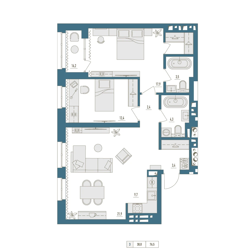 2 комнатная квартира 76.5кв.м.