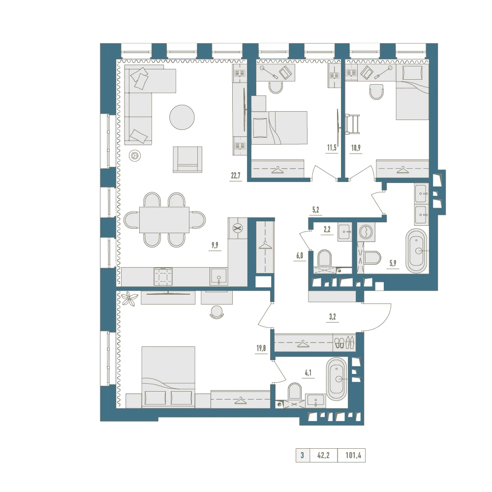 3 комнатная квартира 101.4кв.м.