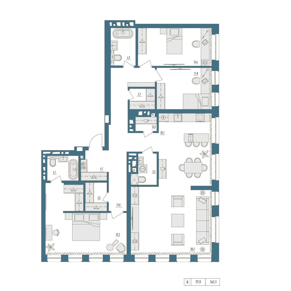4 комнатная квартира 141.1кв.м.